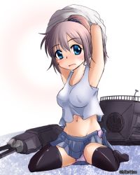 Rule 34 | 10s, 1girl, aoba (kancolle), arms behind head, arms up, blue eyes, blush, breasts, brown hair, cannon, kantai collection, long hair, looking at viewer, machinery, midriff, navel, open clothes, open mouth, open skirt, panties, pantyshot, pleated skirt, ponytail, purple hair, purple panties, short ponytail, sitting, skirt, solo, sweatdrop, taking off, thighhighs, turret, twitter username, underwear, undressing, wariza, yoshizawa hikoto