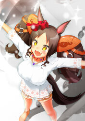 Rule 34 | + +, 1girl, alternate costume, animal ears, ao komhur, bead necklace, beads, black hair, blurry, blurry background, blush, breasts, brown footwear, commentary request, ear scrunchie, fang, highres, horse ears, horse girl, horse tail, jewelry, large breasts, long hair, long sleeves, marvelous sunday (umamusume), necklace, open mouth, orange shorts, red scrunchie, scrunchie, shirt, shorts, skin fang, skirt, smile, solo, sparkle, tail, twintails, umamusume, white shirt, white skirt, yellow eyes