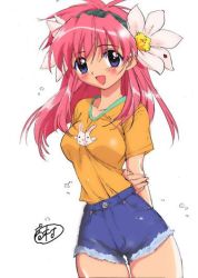 Rule 34 | 00s, 1girl, arms behind back, blue eyes, blush, cutoffs, denim, dutch angle, eyebrows, flower, galaxy angel, hair flower, hair ornament, long hair, looking at viewer, milfeulle sakuraba, open mouth, pink hair, shirt, shorts, simple background, smile, solo, t-shirt, white background