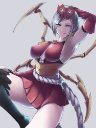 Rule 34 | 1girl, alternate costume, alternate hairstyle, arm behind head, armpits, arthropod girl, bad id, bad pixiv id, bare shoulders, blood moon elise, blue eyes, breasts, chuuhiji, cleavage, covered erect nipples, elise (league of legends), female focus, highres, insect girl, large breasts, league of legends, looking at viewer, miniskirt, monster girl, multiple legs, parted lips, short hair, sideboob, silver hair, skirt, solo, spider girl