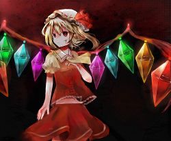 Rule 34 | 1girl, amamizu (pixiv), bad id, bad pixiv id, blonde hair, blood, cuts, female focus, flandre scarlet, hat, injury, midriff, mob cap, navel, red eyes, scratches, skirt, solo, touhou, usui (tripcube), white hat, wings