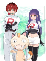 Rule 34 | 1boy, 2girls, alternate costume, belt, black gloves, black thighhighs, breasts, brown belt, closed eyes, closed mouth, cosplay, costume, creatures (company), cropped shirt, crossed arms, earrings, elf, fern (sousou no frieren), flower, flower in mouth, frieren, game freak, gen 1 pokemon, gloves, highres, james (pokemon), james (pokemon) (cosplay), jessie (pokemon), jessie (pokemon) (cosplay), jewelry, large breasts, leaf, long hair, long sleeves, looking at viewer, meowth, meowth (cosplay), multiple girls, navel, nintendo, pants, pointy ears, pokemon, pokemon (anime), purple eyes, purple hair, red eyes, red flower, red hair, red rose, rose, shirt, skirt, sousou no frieren, stark (sousou no frieren), sumisumii, team rocket, team rocket uniform, thighhighs, white hair, white pants, white shirt, white skirt