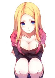 Rule 34 | 1girl, blonde hair, blue eyes, blush, breasts, caidychen, cleavage, collarbone, crossed arms, emma (caidychen), large breasts, long sleeves, looking at viewer, original, panties, parted bangs, pencil skirt, skirt, smile, solo, squatting, underwear