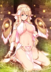 Rule 34 | 1girl, blonde hair, breast curtains, breasts, covered erect nipples, elf, green eyes, heart, heart tattoo, kirishima satoshi, large breasts, long hair, long pointy ears, navel, original, pelvic curtain, pointy ears, pubic tattoo, revealing clothes, smile, solo, stomach tattoo, tattoo, very long hair