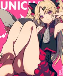 Rule 34 | 1girl, akatsuki uni, bare shoulders, barefoot, bat (animal), black dress, black nails, black vest, blonde hair, book, chromatic aberration, closed mouth, crossed ankles, curtained hair, dated, dress, expressionless, foot out of frame, frown, fucodoku, gradient eyes, hair ornament, hand up, head tilt, high collar, holding, holding book, knees up, long hair, looking at viewer, multicolored eyes, pink background, purple eyes, short dress, sitting, sleeveless, sleeveless dress, solo, twitter username, two side up, uni create, vest, virtual youtuber, zipper pull tab