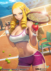 Rule 34 | 1girl, apple, ball, bare shoulders, blonde hair, blue eyes, breasts, bustier, chair, cleavage, company name, copyright name, cowboy shot, drill hair, dutch angle, food, fruit, large breasts, lens flare, light rays, long hair, looking at viewer, midriff, navel, newton (qurare magic library), ningu, official art, original, outdoors, pinky out, qurare magic library, racket, red apple, ringlets, short shorts, shorts, solo, sports bra, sportswear, tennis ball, tennis court, tennis racket, tennis uniform, wristband