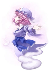 Rule 34 | 1girl, blue dress, bug, butterfly, dress, ecens, female focus, ghost, hat, highres, bug, outstretched arms, pink eyes, pink hair, saigyouji yuyuko, sash, solo, touhou, veil, wide sleeves