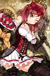 Rule 34 | &gt;;), 10s, 1girl, 2013, black gloves, black thighhighs, blush, bow, breasts, cake, choker, cleavage, corset, cowboy shot, dated, elbow gloves, food, garter belt, garter straps, gloves, gun, hair bow, highres, looking at viewer, love live!, love live! school idol festival, love live! school idol project, nishikino maki, one eye closed, plaid, plaid bow, purple eyes, red hair, short hair, signature, skirt, smile, solo, tattoo, thighhighs, unmoving pattern, v-shaped eyebrows, weapon, weshika, wink