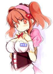 Rule 34 | 1girl, :o, asahina mikuru, breasts, cleavage, corset, dress, frilled hairband, frills, hair between eyes, hairband, hands on own chest, kurasuke, large breasts, looking at viewer, looking to the side, name tag, neck ribbon, official alternate hairstyle, orange eyes, orange hair, parted lips, pink dress, puffy short sleeves, puffy sleeves, red ribbon, ribbon, short sleeves, sidelocks, simple background, sketch, solo, suzumiya haruhi no yuuutsu, twintails, upper body, waitress, white background, wrist cuffs