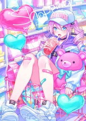 Rule 34 | 1girl, :o, balloon, bandaid, bandaid on knee, bandaid on leg, baseball cap, blue eyes, choker, collarbone, cup, disposable cup, drawstring, drill hair, drinking straw, ear piercing, groceries, hair between eyes, hat, heart balloon, highres, holding, holding cup, hood, hood down, hoodie, jacket, knees up, long hair, long sleeves, looking at viewer, milk carton, open clothes, open jacket, open mouth, original, piercing, purple hair, purple hoodie, shoes, shopping cart, short shorts, shorts, sidelocks, sitting, sneakers, solo, stuffed animal, stuffed toy, suzaku (zaku6584), teddy bear, twin drills, twintails, white footwear, white hat, white jacket, white shorts