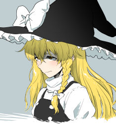Rule 34 | 1girl, black hat, black vest, blonde hair, blush, bow, braid, brown eyes, buttons, closed mouth, commentary, cropped torso, double-breasted, frilled hat, frills, from side, frown, grey background, hair between eyes, hair ribbon, hat, hat bow, henriiku (ahemaru), kirisame marisa, long hair, looking up, ribbon, shirt, side braid, simple background, solo, touhou, tress ribbon, turtleneck, upper body, upturned eyes, vest, wavy mouth, white bow, white shirt, witch hat