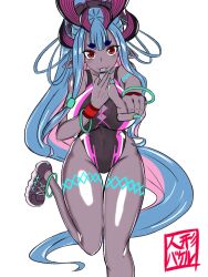 Rule 34 | 1girl, :3, aqua hair, artist request, bare legs, bare shoulders, black one-piece swimsuit, body markings, breasts, colored skin, curvy, fate/grand order, fate (series), fingernails, grey skin, hat, highleg, highleg swimsuit, highres, holding, holding whistle, horns, ibuki douji (fate), ibuki douji (swimsuit berserker) (fate), ibuki douji (swimsuit berserker) (first ascension) (fate), index finger raised, large breasts, leg up, long hair, looking at viewer, multicolored hair, multiple horns, nail polish, one-piece swimsuit, oni horns, pink hair, pink hat, pointy ears, ponytail, shiny skin, shoes, sitting, smile, sneakers, solo, standing, standing on one leg, swimsuit, two-tone hair, two-tone swimsuit, very long hair, visor cap, wariza, whistle, white background, wide hips