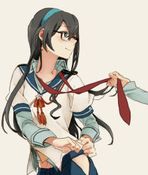 Rule 34 | 10s, 1girl, aqua eyes, aqua hairband, bare hips, black-framed eyewear, black hair, blush, commentary request, glasses, hair between eyes, hairband, hip vent, kantai collection, light smile, long hair, looking at another, midriff, necktie, ooyodo (kancolle), red necktie, ree (re-19), school uniform, serafuku, simple background, solo focus, undone necktie, undressing