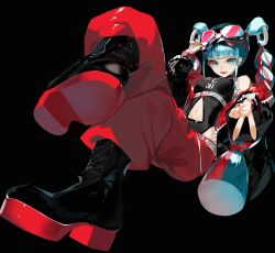 Rule 34 | 1girl, black background, black footwear, blue eyes, blue hair, boots, breasts, clothing cutout, commentary, full body, goggles, goggles on head, hatsune miku, highres, magical mirai (vocaloid), magical mirai miku, magical mirai miku (2023), multicolored hair, navel cutout, open mouth, pants, red hair, red nails, red pants, reirou (chokoonnpu), sidelocks, small breasts, smile, solo, symbol-only commentary, teeth, v, vocaloid