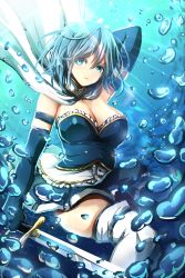 Rule 34 | 1girl, air bubble, arm at side, arm behind head, arm up, armband, blue eyes, blue hair, blue theme, breasts, bubble, cape, chii in baru saba, cleavage, elbow gloves, frills, gloves, highres, holding, holding sword, holding weapon, large breasts, light smile, looking at viewer, magical girl, mahou shoujo madoka magica, mahou shoujo madoka magica (anime), miki sayaka, parted lips, short hair, skirt, solo, strapless, sword, thighhighs, underwater, water, weapon, white thighhighs, zettai ryouiki