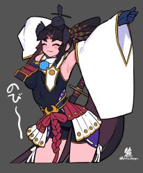 Rule 34 | 1girl, armor, armpits, arms up, black hair, black leotard, breast curtains, breasts, closed eyes, detached sleeves, fate/grand order, fate (series), feather hair ornament, feathers, gloves, hacco mayu, hair bun, hair ornament, hat, highres, japanese armor, katana, leotard, long hair, medium breasts, parted bangs, sheath, side ponytail, sidelocks, single side bun, smile, stretching, sword, thighs, ushiwakamaru (fate), ushiwakamaru (tour outfit) (fate), very long hair, weapon, wide sleeves