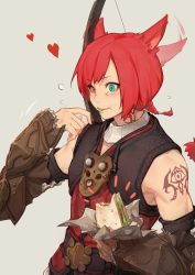 Rule 34 | 1boy, animal ears, arm tattoo, armor, belt, blue eyes, blush, bow (weapon), cat tail, crow0cc, crystal exarch, ear wiggle, eating, eyes visible through hair, final fantasy, final fantasy xiv, flying sweatdrops, folded fan, folding fan, food, food on face, g&#039;raha tia, grey background, hand fan, heart, heterochromia, highres, holding, holding food, male focus, miqo&#039;te, neck tattoo, ponytail, red eyes, red hair, sandwich, simple background, smile, solo, sweatdrop, tail, tattoo, vambraces, weapon, weapon on back