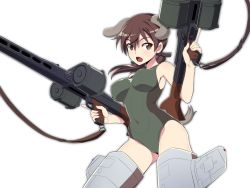 Rule 34 | 1girl, alternate breast size, animal ears, blush, breasts, brown eyes, brown hair, covered navel, dog ears, dog tail, female focus, gertrud barkhorn, groin, gun, hair ornament, hair ribbon, large breasts, looking at viewer, monochrome background, nanashino, open mouth, ribbon, rifle, simple background, solo, strike witches, striker unit, swimsuit, tail, twintails, weapon, white background, world witches series