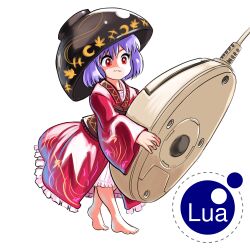 Rule 34 | 1girl, barefoot, black hat, bowl, bowl hat, closed mouth, commentary, english commentary, frilled kimono, frills, full body, hat, highres, japanese clothes, kimono, long sleeves, lua (programming language), medium hair, mini person, minigirl, mouse (computer), profitshame, purple hair, red eyes, red kimono, simple background, solo, sukuna shinmyoumaru, touhou, white background, wide sleeves