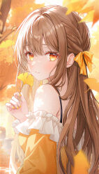 Rule 34 | 1girl, absurdres, autumn, autumn leaves, blurry, blurry foreground, blush, branch, breasts, brown hair, commentary request, depth of field, frilled shirt, frills, funii, ginkgo leaf, hair intakes, hand up, highres, leaf, long hair, looking at viewer, looking to the side, medium breasts, nail polish, off-shoulder shirt, off shoulder, orange eyes, orange shirt, original, parted lips, shirt, solo, tree, upper body, very long hair, yellow nails