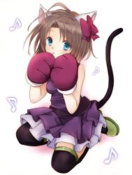 Rule 34 | 10s, 1girl, :o, animal ears, animal hands, blue eyes, bow, brown hair, cat ears, cat paws, cat tail, dress, full body, gloves, hair bow, looking at viewer, mary janes, merc storia, mito (maru), moneko (battle cats), musical note, neneko (battle cats), nyanko daisensou, purple dress, quaver, shoes, short hair, simple background, sitting, solo, tail, thighhighs, wariza