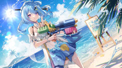 Rule 34 | 1girl, :o, ahoge, amaichi esora, bare shoulders, beach, blue hair, blue sky, cloud, cloudy sky, griseo, griseo (starry impression), hair ornament, highres, holding, honkai (series), honkai impact 3rd, long hair, multicolored hair, open mouth, outdoors, palm tree, purple eyes, sand, see-through, shadow, sky, solo, standing, starfish, streaked hair, swimsuit, tree, water, water gun, waves