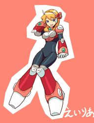 Rule 34 | 1girl, alia (mega man), android, arm support, artist request, blonde hair, blue eyes, bodysuit, breasts, female focus, framed breasts, full body, gloves, headgear, headset, knees together feet apart, long hair, medium breasts, mega man (series), mega man x (series), open mouth, simple background, sitting, smile, solo, source request, white gloves