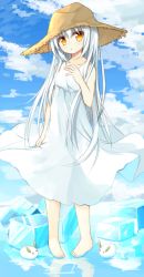 Rule 34 | 1girl, :&lt;, bare arms, barefoot, blue sky, blush, brown hat, cloud, cloudy sky, collarbone, day, dress, dress grab, full body, hair between eyes, hand on own chest, hand up, hat, head tilt, ice, long hair, looking at viewer, orange eyes, original, outdoors, parted lips, silver hair, sky, sleeveless, sleeveless dress, snow rabbit, solo, standing, straw hat, sundress, triangle mouth, very long hair, white dress, yuuhagi (amaretto-no-natsu)