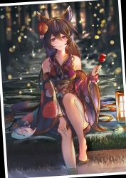 Rule 34 | 1girl, absurdres, animal ears, bare legs, bare shoulders, barefoot, black hair, candy apple, collarbone, ear piercing, erune, expressionless, flower, food, fox mask, granblue fantasy, grass, hair flower, hair ornament, highres, huge filesize, japanese clothes, kimono, lantern, long hair, mask, nier (granblue fantasy), occa-key, parted lips, photo (object), piercing, red eyes, reflection, reflective water, soaking feet, solo, yukata