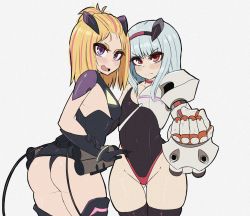 Rule 34 | 2girls, ass, black leotard, blonde hair, blue hair, blush, breasts, closed mouth, flip flappers, headgear, highres, leotard, multicolored hair, multiple girls, open mouth, purple eyes, red eyes, red hair, simple background, small breasts, smile, white background, yayaka, yuyu (flip flappers)