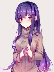 Rule 34 | 1girl, artist name, beige sweater, blush, breasts, commentary, doki doki literature club, grey background, hair ornament, twirling hair, hairclip, highres, large breasts, long hair, long sleeves, peachcak3, purple eyes, purple hair, ribbed sweater, sidelocks, simple background, solo, sweater, turtleneck, turtleneck sweater, upper body, very long hair, yuri (doki doki literature club)