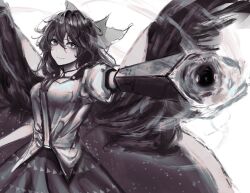 Rule 34 | 1girl, arm cannon, bow, cape, closed mouth, collared shirt, greyscale, hair bow, highres, long hair, looking at viewer, monochrome, reiuji utsuho, shirt, short sleeves, simple background, skirt, solo, touhou, weapon, wings, yuhel
