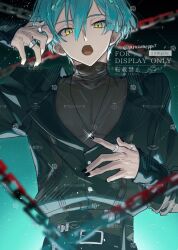 Rule 34 | 1boy, aqua background, belt, black background, black belt, black jacket, black nails, black pants, blue hair, brown shirt, chain, harusameppoi, highres, idolish7, isumi haruka, jacket, jewelry, light blue hair, looking at viewer, male focus, multicolored background, necklace, open mouth, pants, ring, shirt, solo, turtleneck, yellow eyes