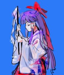 Rule 34 | 1girl, absurdres, blue background, bow, closed eyes, closed mouth, commentary, eyelashes, from side, frown, gohei, hair bow, hair tubes, hakama, hakurei reimu, hakurei reimu (pc-98), highres, holding, holding gohei, japanese clothes, kimono, long hair, long sleeves, nunrb, purple hair, red bow, red hakama, sidelocks, simple background, solo, straight hair, symbol-only commentary, touhou, touhou (pc-98), white kimono, wide sleeves