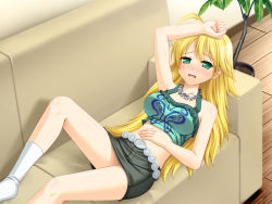 Rule 34 | 00s, 1girl, ahoge, arm up, bad id, bad pixiv id, blonde hair, casual, couch, green eyes, hand on own head, hoshii miki, hot, idolmaster, idolmaster (classic), idolmaster 1, jewelry, leg up, long hair, lying, midriff, miniskirt, necklace, on back, pencil skirt, plant, potted plant, skirt, solo, sweat, tank top, totokichi