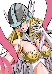 Rule 34 | 1girl, angel, angel girl, angewomon, blonde hair, blush, breasts, cleavage, digimon, digimon (creature), green eyes, head wings, highres, large breasts, long hair, mask, solo, tongue, tongue out, wings