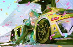 Rule 34 | 1girl, aqua eyes, aqua hair, black bodysuit, black footwear, black gloves, black thighhighs, bodysuit, car, checkered floor, clothes writing, confetti, crop top, crop top overhang, day, flame print, from outside, from side, gloves, goodsmile racing, hair between eyes, hatsune miku, headphones, high heels, kei (keiuu), long hair, looking at viewer, mercedes-benz, mercedes-benz amg gt, motor vehicle, outdoors, outstretched leg, race vehicle, racecar, racing miku, racing miku (2022), single thighhigh, sitting, sky, solo, stadium, thighhighs, turtleneck, twintails, very long hair, vocaloid