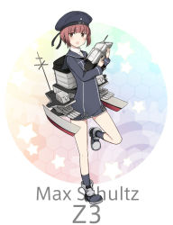 Rule 34 | 10s, 1girl, bad id, bad pixiv id, beret, blush, brown eyes, clothes writing, dress, engiyoshi, hat, kantai collection, looking at viewer, open mouth, personification, red hair, sailor collar, sailor dress, sailor hat, short hair, solo, weapon, z3 max schultz (kancolle)