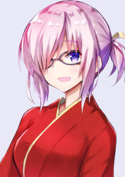 Rule 34 | 1girl, :d, alternate hairstyle, black-framed eyewear, blush, breasts, commentary request, fate/grand order, fate (series), glasses, grey background, hair over one eye, highres, japanese clothes, kimono, looking at viewer, mash kyrielight, mash kyrielight (enma-tei uniform), medium breasts, nanakusa amane, official alternate costume, one side up, open mouth, purple eyes, purple hair, red kimono, sidelocks, simple background, smile, solo, upper body