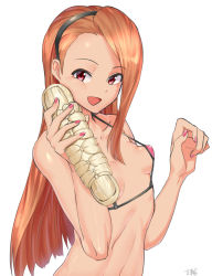 Rule 34 | 1girl, :d, absurdres, bad id, bad nicoseiga id, bare arms, bare shoulders, bikini, bikini top only, breasts, covered erect nipples, dildo, hairband, highres, holding, idolmaster, idolmaster (classic), long hair, looking at viewer, micro bikini, minase iori, nail polish, navel, open mouth, orange hair, perky breasts, pink bikini, pink nails, red eyes, sex toy, signature, simple background, small breasts, smile, solo, stomach, swimsuit, tareme, upper body, white background, yoshiwa tomo