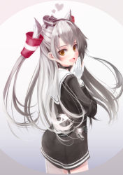 Rule 34 | 10s, 1girl, amatsukaze (kancolle), ass, black panties, blush, brown eyes, dress, from behind, garter straps, gloves, gradient background, hair tubes, highres, kantai collection, kouji (astral reverie), long hair, looking at viewer, looking back, open mouth, panties, sailor dress, see-through, short dress, silver hair, solo, two side up, underwear, white gloves