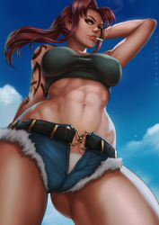 Rule 34 | 1girl, abs, arm behind head, arm tattoo, arm up, artist name, bare shoulders, belt, black lagoon, blue sky, breasts, brown eyes, cigarette, cloud, collarbone, covered erect nipples, cowboy shot, crop top, cutoffs, dandon fuga, day, denim, denim shorts, floating hair, foreshortening, from below, gluteal fold, half updo, large breasts, legs apart, lips, lipstick, long hair, looking at viewer, looking down, makeup, mascara, midriff, mouth hold, navel, open fly, outdoors, panties, panty peek, ponytail, red hair, revy (black lagoon), short shorts, shorts, shoulder tattoo, sidelocks, sky, smile, smoke, smoking, solo, standing, stomach, tan, tank top, tattoo, taut clothes, thick eyebrows, thighs, tight clothes, toned, underwear, unzipped, white panties, zipper
