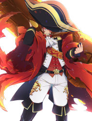 Rule 34 | 1boy, ascot, belt, bicorne, blue eyes, boots, brown hair, cannon, cigar, cloak, epaulettes, facial hair, fate/grand order, fate (series), goatee, hat, highres, lighter, long sideburns, male focus, napoleon bonaparte (fate), neo kabocha, over shoulder, oversized clothes, sideburns, smoking, solo, weapon, weapon over shoulder
