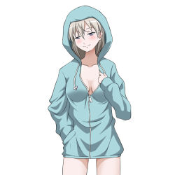 Rule 34 | 1girl, blue eyes, blush, breasts, cleavage, closed mouth, collarbone, eila ilmatar juutilainen, feet out of frame, hand in pocket, head tilt, hiro yoshinaka, hood, hoodie, large breasts, long hair, looking at viewer, naked hoodie, no bra, shiny skin, simple background, smile, solo, standing, strike witches, white background, white hair, world witches series, zipper
