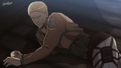 Rule 34 | 1boy, bad id, bad pixiv id, bun (bbb81bun), cropped jacket, feet out of frame, green shirt, lying, male focus, on side, pants, paradis military uniform, reiner braun, rope, shingeki no kyojin, shirt, short hair, solo, sweatdrop, tight clothes, tight pants, toned, toned male, white pants, wooden floor