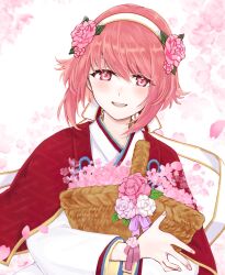 Rule 34 | 1girl, basket, capelet, cherry blossoms, fire emblem, fire emblem fates, fire emblem heroes, flower, flower bracelet, hair ornament, hairband, highres, holding, holding basket, japanese clothes, kimono, long sleeves, looking at viewer, misato hao, nintendo, official alternate costume, open mouth, petals, pink eyes, pink hair, red capelet, sakura (fire emblem), sakura (valentine) (fire emblem), short hair, smile, solo, white hairband, white kimono, wide sleeves