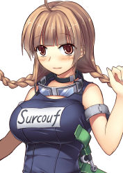 Rule 34 | 1girl, ahoge, armband, bare shoulders, blue one-piece swimsuit, blunt bangs, braid, breasts, brown eyes, brown hair, character name, closed mouth, fingers together, french braid, goggles, goggles around neck, hand up, highres, jewelry, large breasts, light smile, lips, machinery, neck ring, one-piece swimsuit, school swimsuit, solo, srwsrx (gp03dsrx), surcouf (warship girls r), swimsuit, twin braids, upper body, warship girls r, white background