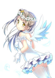 Rule 34 | 10s, 1girl, absurdres, bare shoulders, brown hair, dress, female focus, gloves, hair bobbles, hair ornament, highres, long hair, love live!, love live! school idol project, minami kotori, open \m/, own hands together, shitou (1992116210), simple background, smile, solo, thighhighs, white background, wings, yellow eyes, yume no tobira
