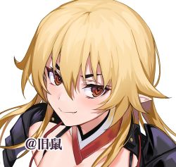 Rule 34 | 1girl, blonde hair, brown eyes, closed mouth, copyright request, fang, fang out, hair flaps, highres, long hair, looking at viewer, portrait, simple background, smile, solo, soukou akki muramasa, ulrich (tagaragakuin), white background