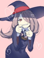 Rule 34 | 10s, 1girl, gedou (ge ge gedou), hair over one eye, little witch academia, long hair, looking at viewer, pink hair, pointing, pointing at viewer, red eyes, smile, solo, sucy manbavaran, witch